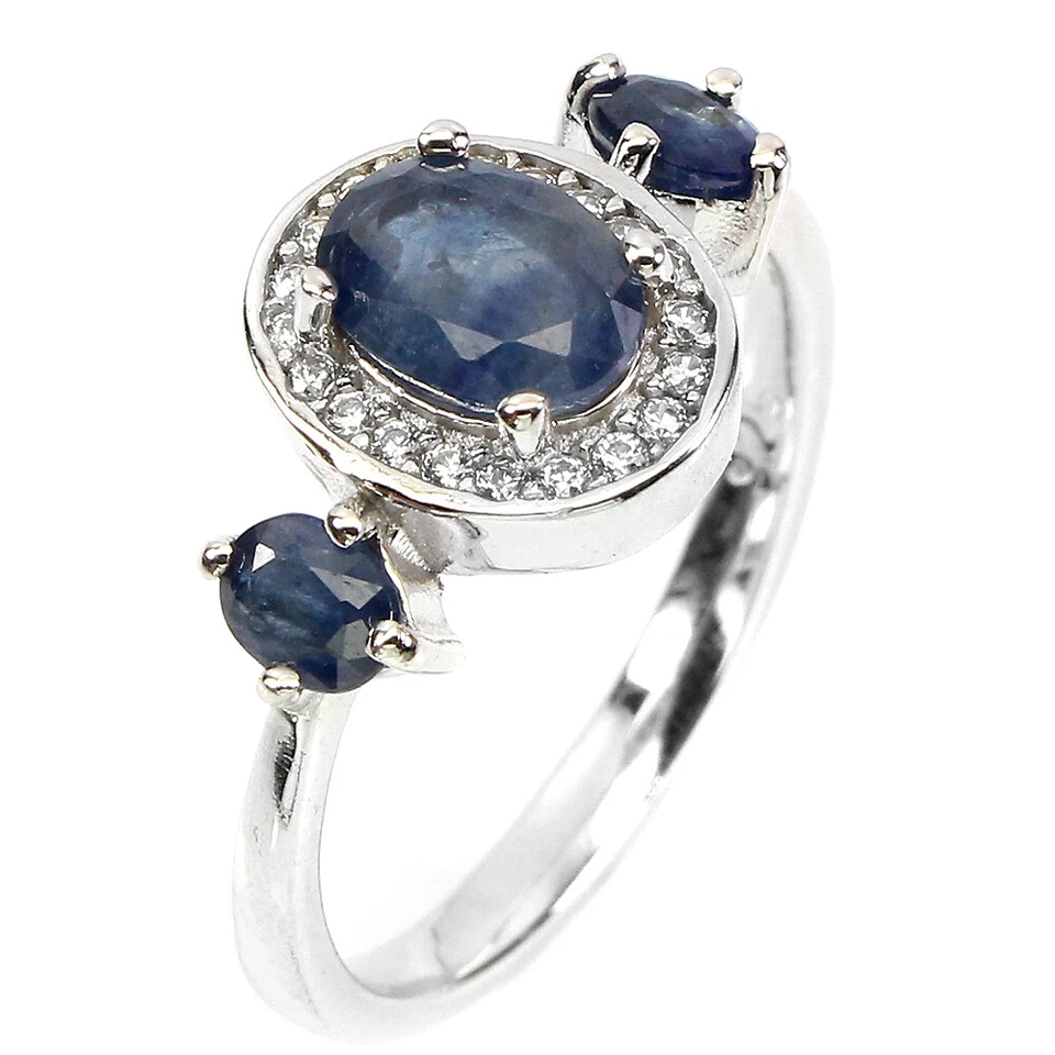 925 Anello Argento Sterling Ovale Zaffiro Blu 7x5mm Gemma Gioielli Misura 7 - Immagine 2 di 4