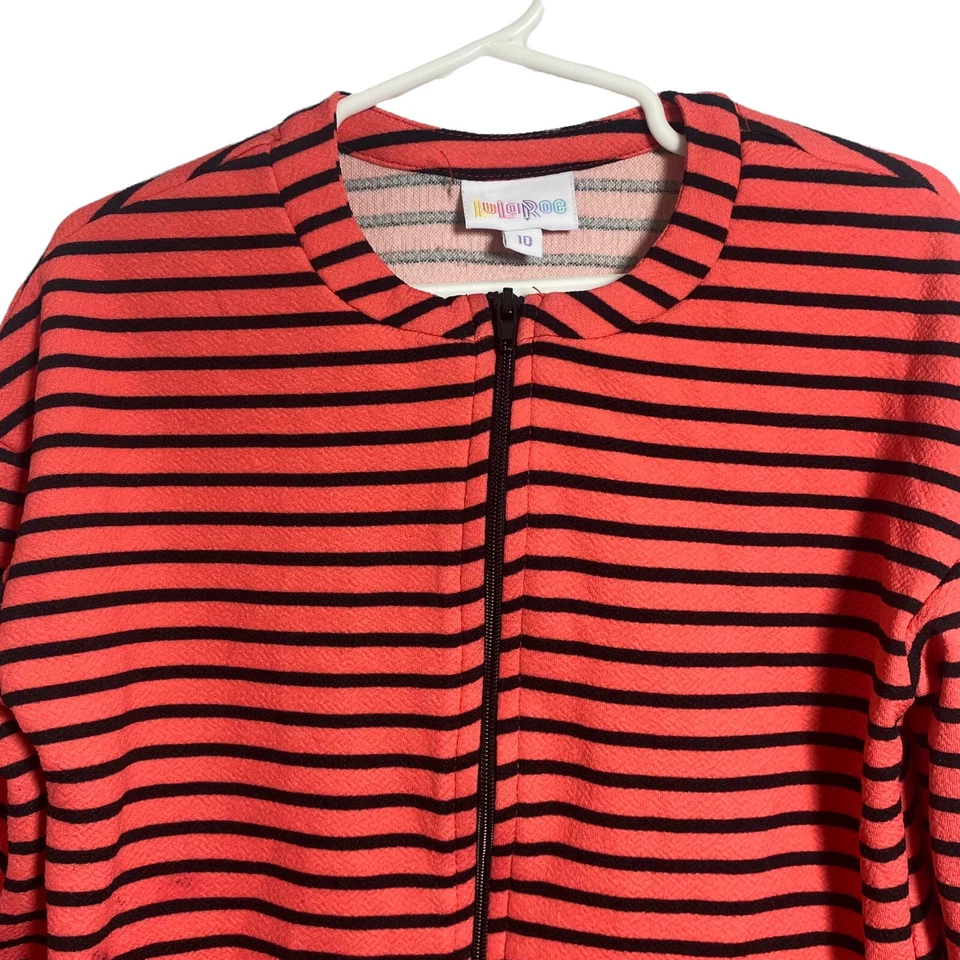 Chaqueta Lularoe Niñas Talla 10 Monroe Coral Rayas Manga Larga Bolsillos con Cremallera Completa Foto 3 de 4