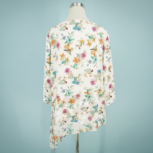 Chico's 3 Size XL Floral Butterfly Print 3/4 Sleeve Asymmetrical Hem Tunic Top - Picture 4 of 7