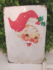 Retro Santa Tin Sign 12" Christmas Wall / Door Decor New MCM 50's Vtg Image 