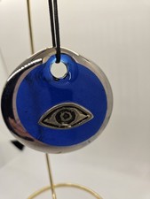 3" Glass Blue Evil Eye Wall Hanging Silver Ornament - Turkish Nazar Bead Leather
