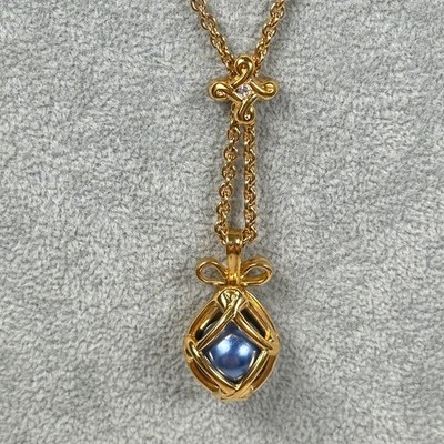 VTG Joan Rivers Necklace Egg Pendant Caged Faux Pearl Interchangeable Gold Tone