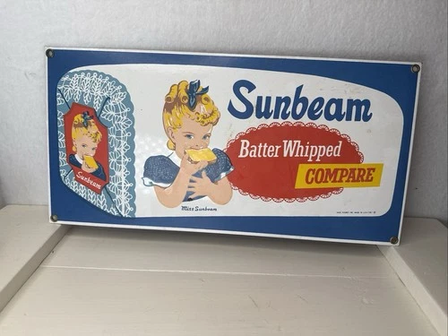 VINTAGE SUNBEAM BATTER WHIPPED BREAD MISS GIRL 15" PORCELAIN METAL GASOLINE SIGN