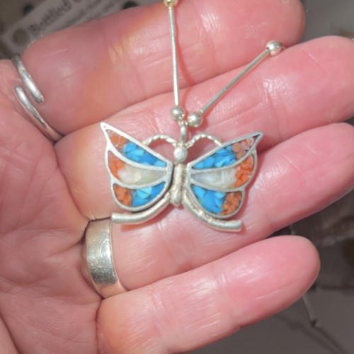 Vintage 1970 .925 Butterfly Blue Turquoise Hallmarked Inlay Coral,Turq,M/Pearl