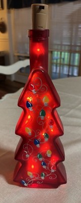 Red Glass Bottle Christmas Tree Shape With Hand Painted Christmas Lights Signed