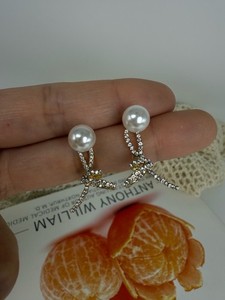 Authentic Gold Plated Pearl Stud Earrings with Zircon Bowknot Dangle, 2 Ways to Wear Women