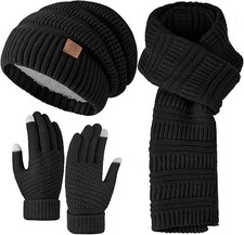Womens Winter Beanie Hat Scarf Gloves Set, Knitted Scarf and Hat Touchscreen ...