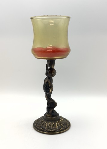 Vintage Brass & Amber Glass Cherub Candle Holder Alter Decor Votive - Picture 4 of 7
