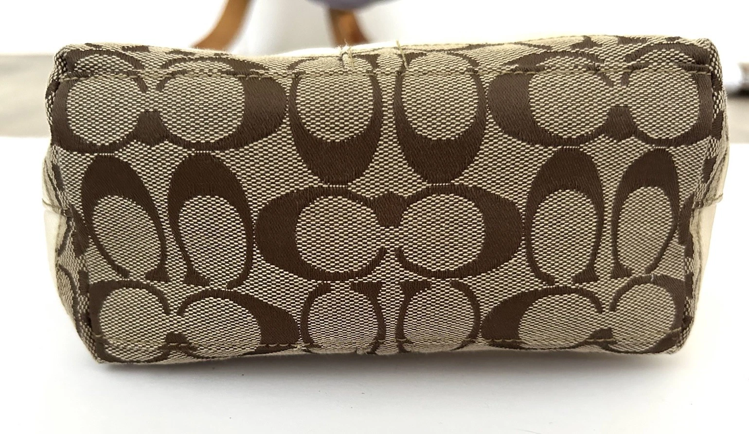 Mini borsa vintage Y2K Coach firmata tela avorio bordo pelle Sufflette 40024