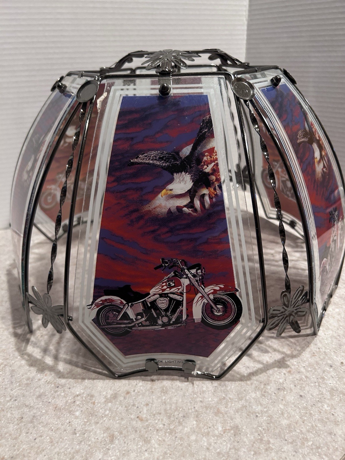Vintage OK lighting Touch lamp Glass Panels & Shade Motorcycle Eagle USA NEW