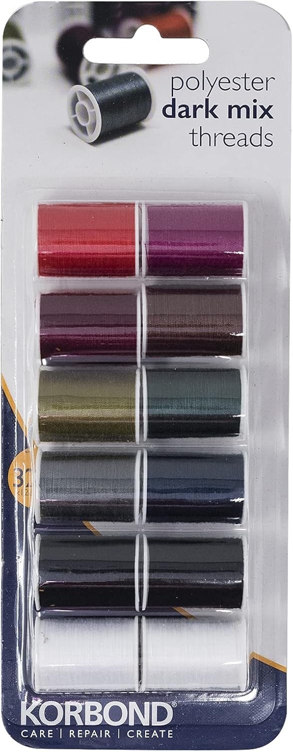 12x Korbond Polyester Dark Mix Thread Hand Machine Sewing 32m - Assorted Colours