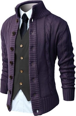 Men??s Cable Knit Cardigan Sweater Long Sleeve Button Down Stand Collar Casual