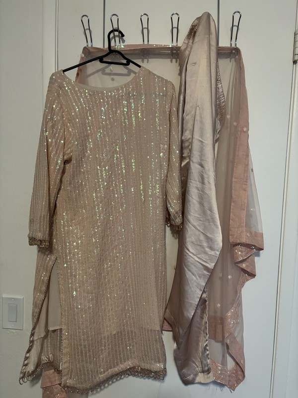 Women's Pink Sequin Salwar Kameez 3pc Set Net Dupatta Scarf, Size M