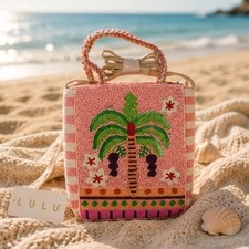 Lulu Beaded Palm tree Crossbody Bag Purse Pink White Striped -New with tags