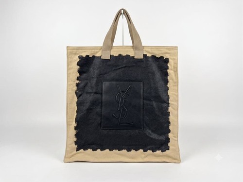 YSL Saint Laurent Rive Gauche Tote Bag Canvas A4 Beige Black Logo Used
