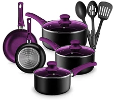 11-Piece Nonstick Aluminum Cookware Set – Purple Kitchen Pots and Pans Set