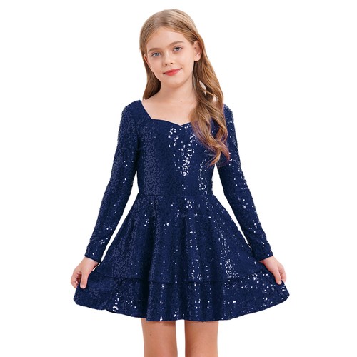 Kids Girls Sequin Dress Invisible Zipper Double Layer Hemline Party Birthday - Picture 17 of 59