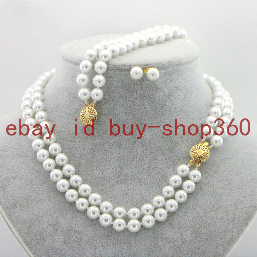 2 Rows White 8mm Akoya Cultured Shell Pearl Necklace