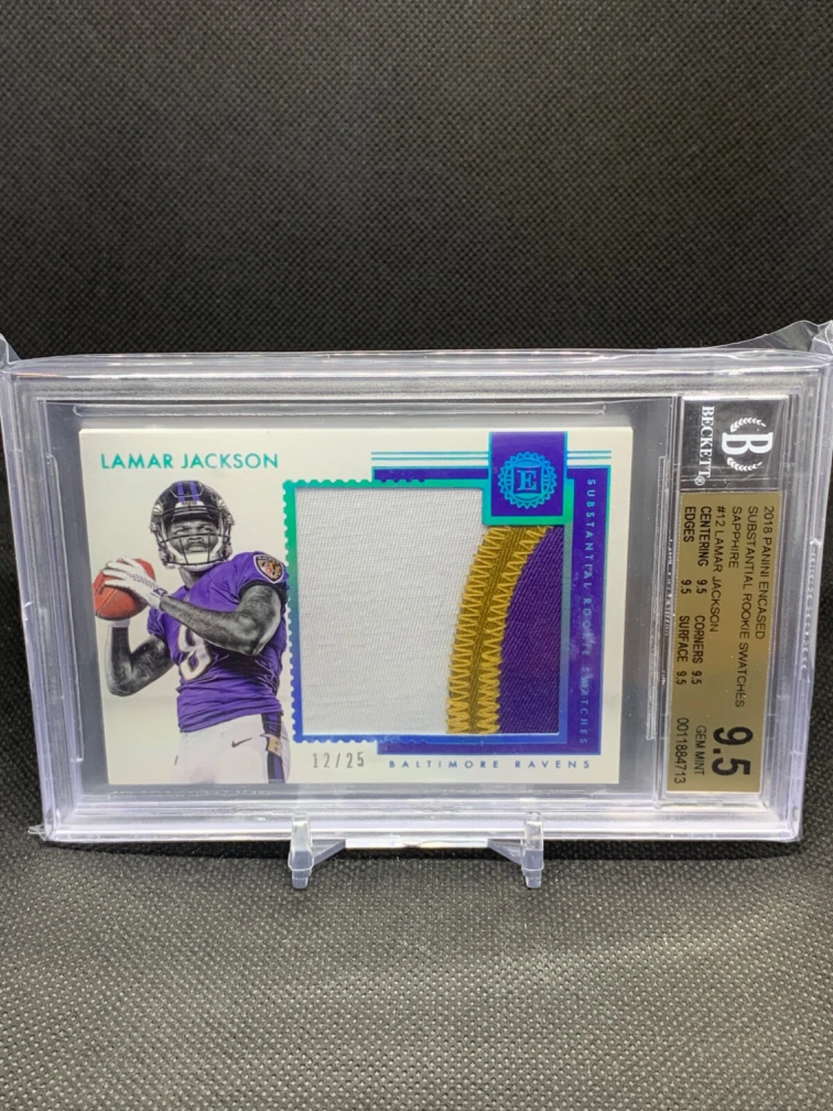 Lamar Jackson Panini Encased Substantial Rookie Swatches #LJ Sapphire