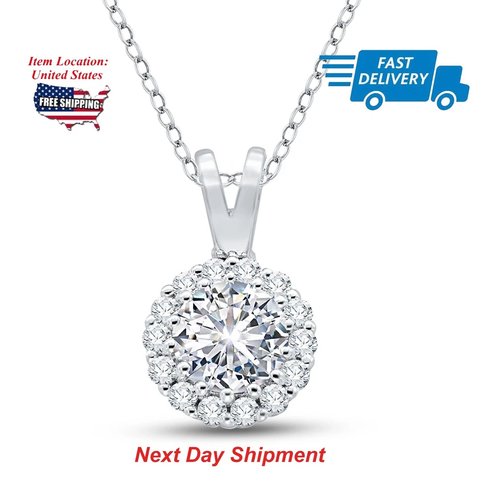 Colgante de halo de circonita cúbica de corte redondo de plata 925 de 4,5 quilates con cadena de cable de 18" gratis Foto 3 de 4