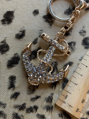 Key Ring Bag Embelishment Gold Anchor Shape W/Crystal