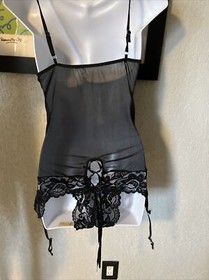 SISSY VTG Black Satin Look w/ Lace One Piece Garter Strap Lingerie  x7
