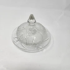 Vintage Jeanette Clear Glass Iris And Herringbone Covered Butter Dish