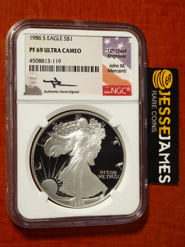 1986 S PROOF SILVER EAGLE NGC PF69 ULTRA CAMEO JOHN MERCANTI SIGNED FLAG LABEL!