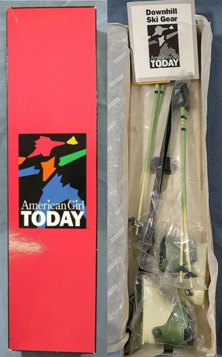 NIB AMERICAN GIRL TODAY 18" DOLL DOWNHILL SKI GEAR SET GREEN SKIS*4 POLES*BOOTS