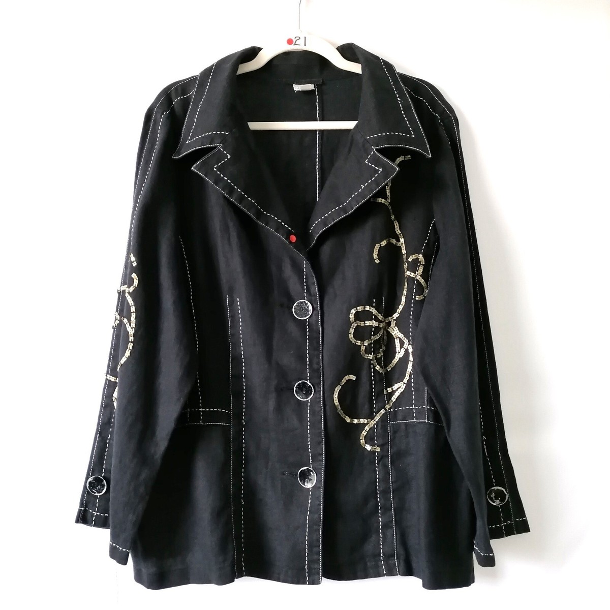 【✝️ 】ジャケット アウター ブラック 美品 Alain Weiz Women's Black Sequin Embellished Linen Lapel Boxy
