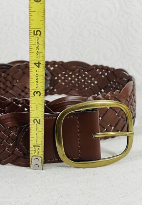 Womens Two Tone Black/Brown Woven Leather Belt Brass Buckle Edgy Boho Sz.M/L Bonded Leather Womens Brown Woven Braided Wide 2” Belt Brass  main image 3