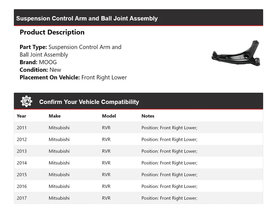 For 2011-2017 Mitsubishi RVR Control Arm Front Right Lower MOOG 2011 2012 2013 - Image 2 of 4