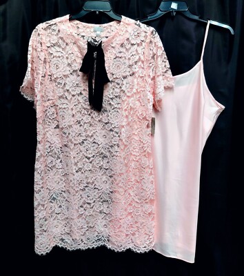 BELL & SKY 1X PINK OPEN WORK LACE FITTED SHEATH DRESS & 1X SATIN CAMISOLE NEW