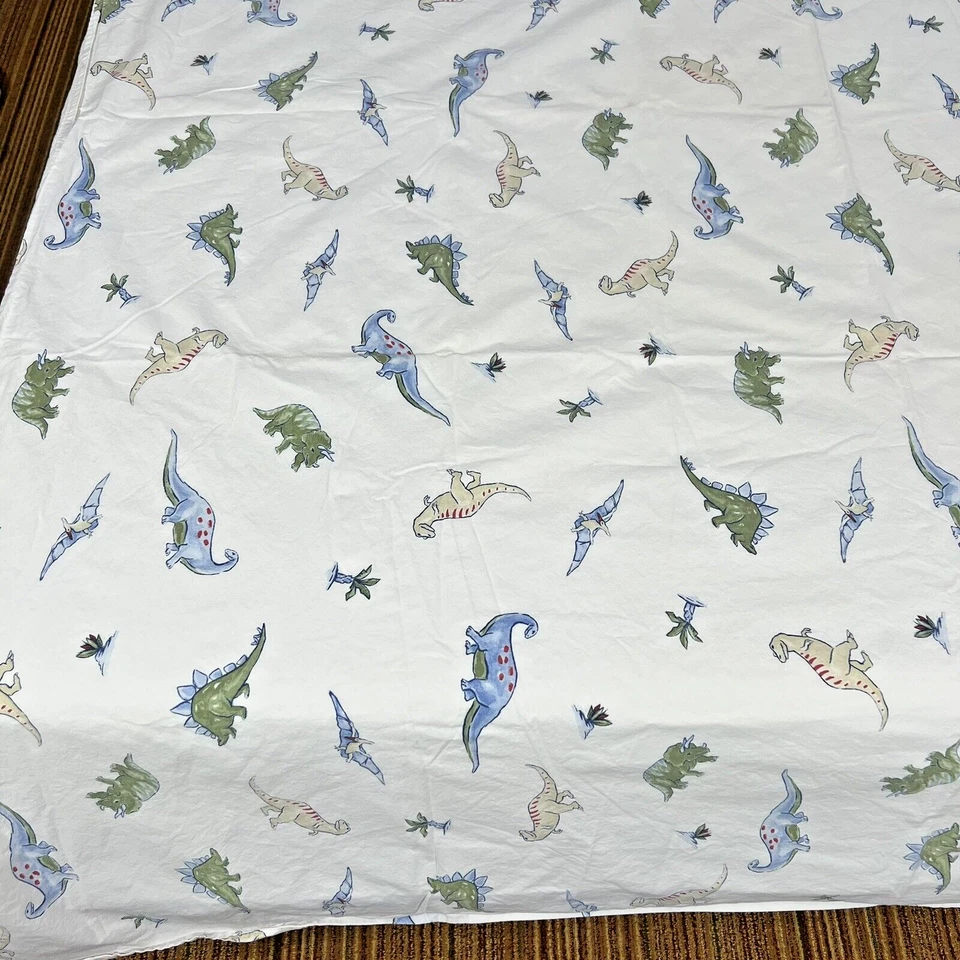 Pottery Barn 儿童双床单棉恐龙白色蓝色绿色棕褐色 60"x92" — 第 4/4 张图片