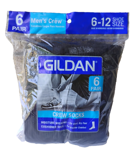 Gildan Men’s 6-Pairs Cushion Crew SOCKS Black Shoe Size 6-12