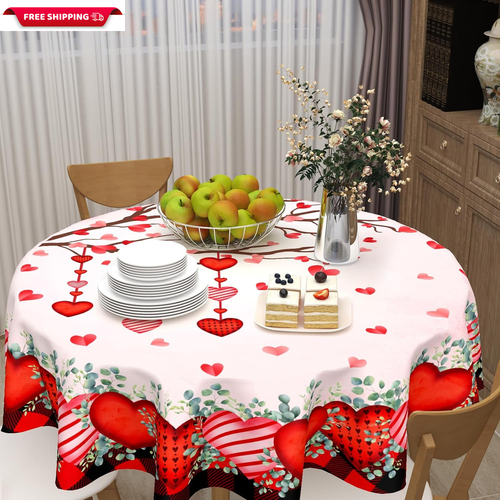 Valentine'S Day Tablecloth round 60 Inch Red Valentine Table Cloth Washable Pink - Picture 2 of 7