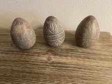Set Of 3 Etched Wooden Eggs 4 T X 2.5 W