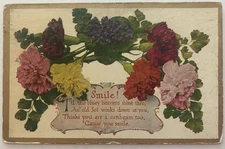 Antique 1910 Postcard “Smile!" Carnation Flowers Embossed Floral Design