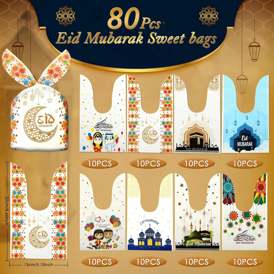Bolsas de golosinas de fiesta Eid Mubarak - 80 piezas bolsas de regalos para celebraciones de Ramadán Foto 2 de 4