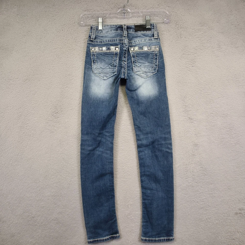 Jeans Daytrip Niñas 8 Azul Pierna Ajustada Lavado Medio Denim Bling Bolsillos Elásticos Foto 2 de 4