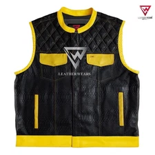 Men’s Black Yellow Skin Leather Vest with Yellow Trim–Biker Club Style Waistcoat