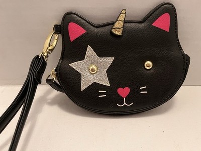 Luv Betsey By Betsey Johnson Mini  Black  Cat Unicorn Wristlet Zipper Lined