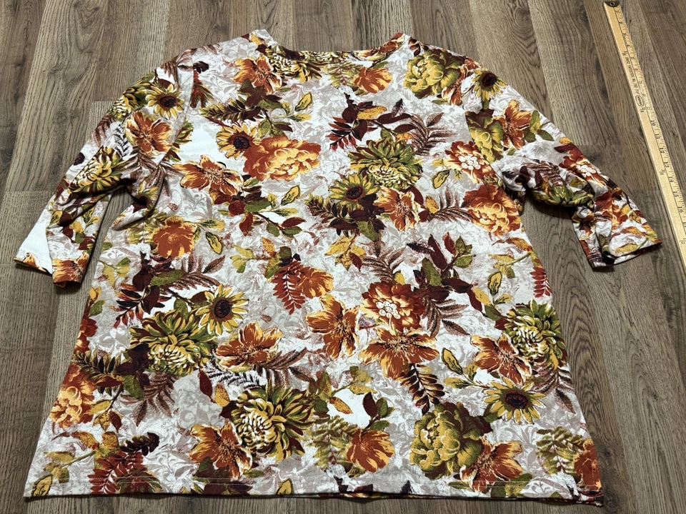 Blusa Bon Worth, Para Mujer XL Marrón Rojo Naranja Verde Floral Manga 3/4 Botón 1/4 Foto 2 de 4