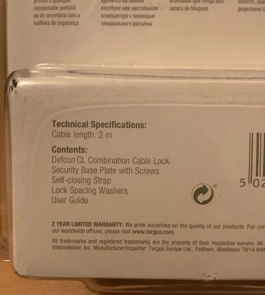 TARGUS Defcon CL Combination Kabelschloss Laptopschloss 2 m Kensington NEU OVP - Bild 4 von 4