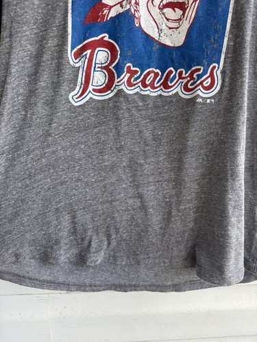 ATLANTA BRAVES Retro Grey/ Blue 3/4 TEE SHIRT Distressed Graphic Raglan Large - Picture 4 of 6