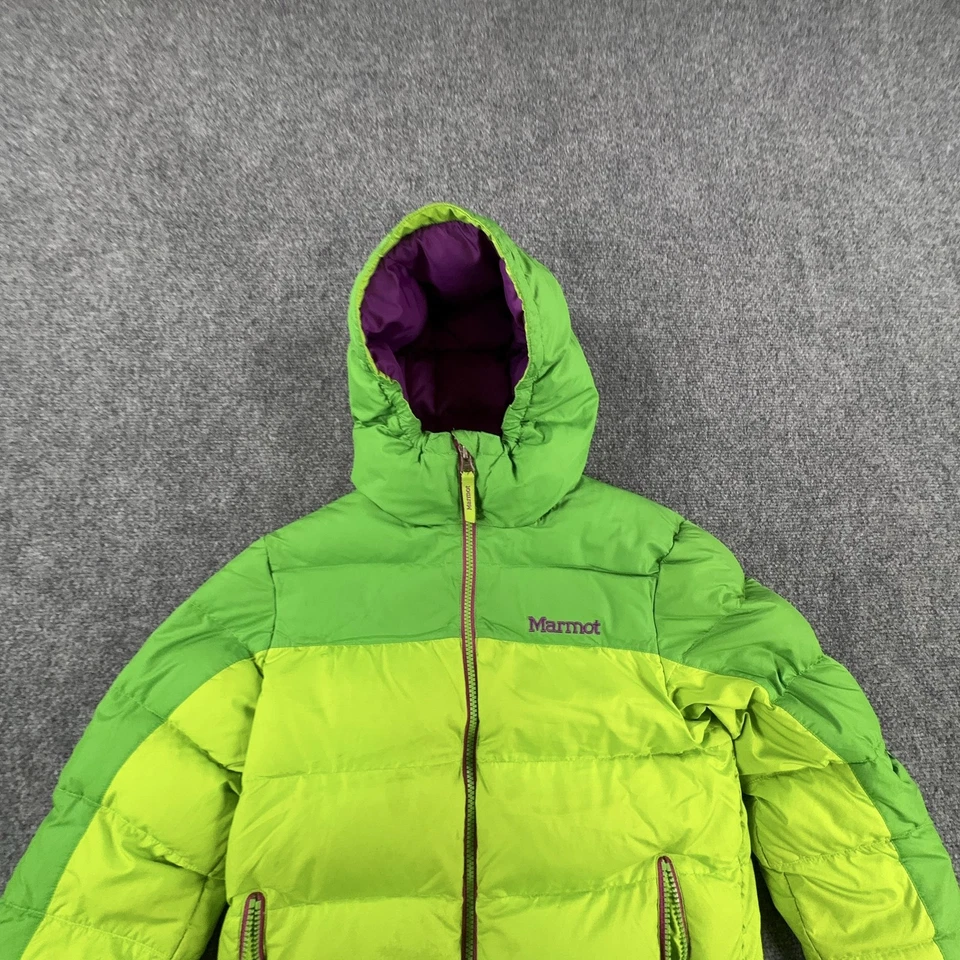 Marmot Jacket Girls Medium Green Purple Hooded Puffer 700 Fill Insulated Winter - Image 3 of 4