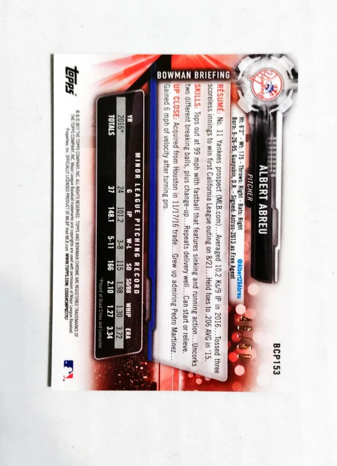 Albert Abreu 2017 1st Bowman Chrome #BCP153 Mini GOLD REFRACTOR 46/50 RC z1 - Image 2 of 2