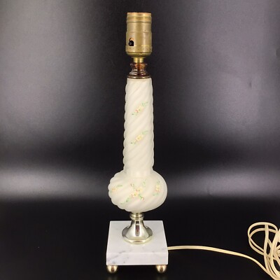 Vintage Frosted Swirl Glass Table Lamp Floral Marble Base 14.5 