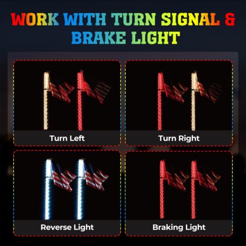 Pair 2FT Whip Lights 366 Modes & APP Control LED RGB Antenna Flag Remote UTV ATV - Picture 5 of 6