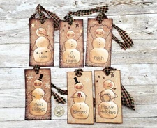 6-Christmas-Primitive-Farmhouse-Snowman-Blizzard-Linen Cardstock-Gift-Hang-Tags
